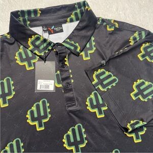 Yatta Men's New‎ Black Cactus Print Polo Shirt Allover Print Golf NWT Large AOP